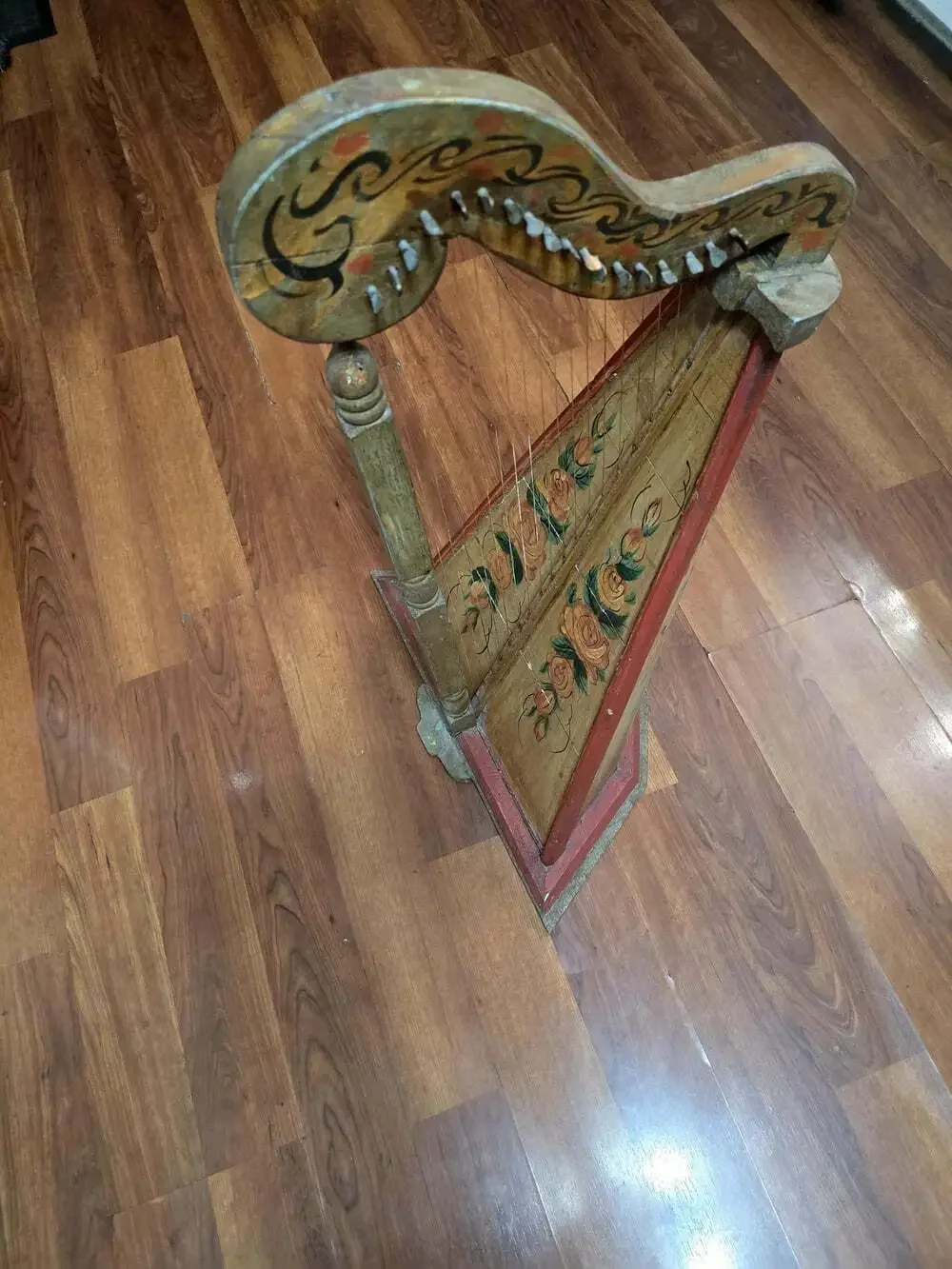 Antique 19thC Folk Art Table Harp Painted Lap Harp Zither Celtic Parlor Instrume